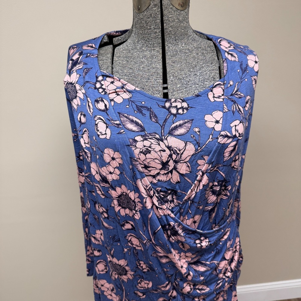 Motherhood Maternity Nursing Top Womens 2X Blue Pink Floral Stretch Double Layer - Picture 2 of 16